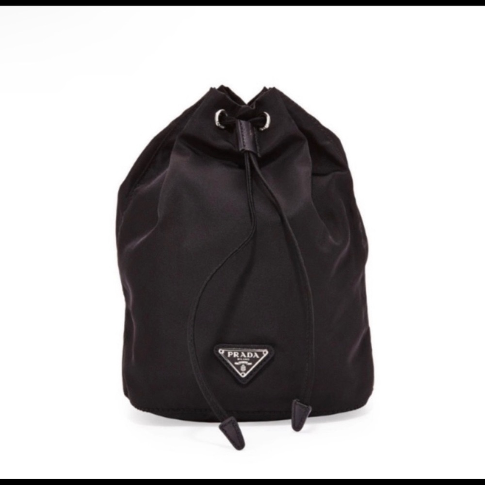 Authentic Prada Draw string nylon pouch with saffiano leather